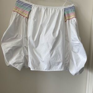 Petersyn Audrey Rainbow Blouse w/ off shoulder Ruched Puff Sleeves (Small)